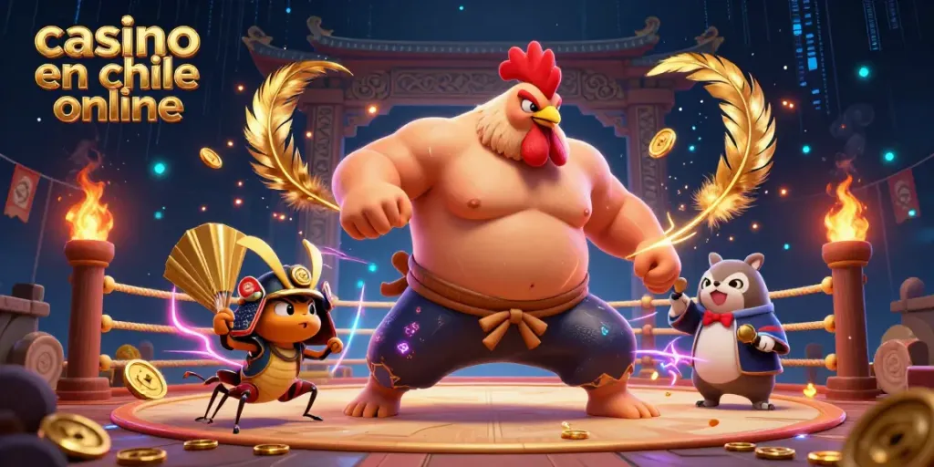 Juega en el casino en Chile online con emocionantes escenas de un gallo luchador y su compañero samurái.