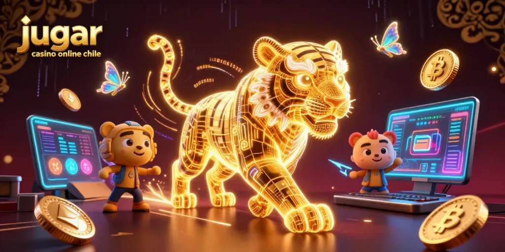 Sumérgete en el mundo de jugar en casinos online en Chile con un tigre dorado y elementos de juego holográficos brillantes.