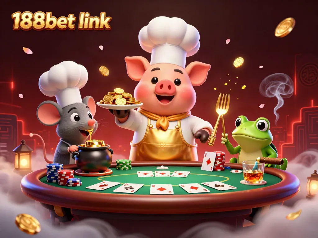 Engage with the 188bet link, a vibrant casino scene showcasing animated characters enjoying their gambling experience.