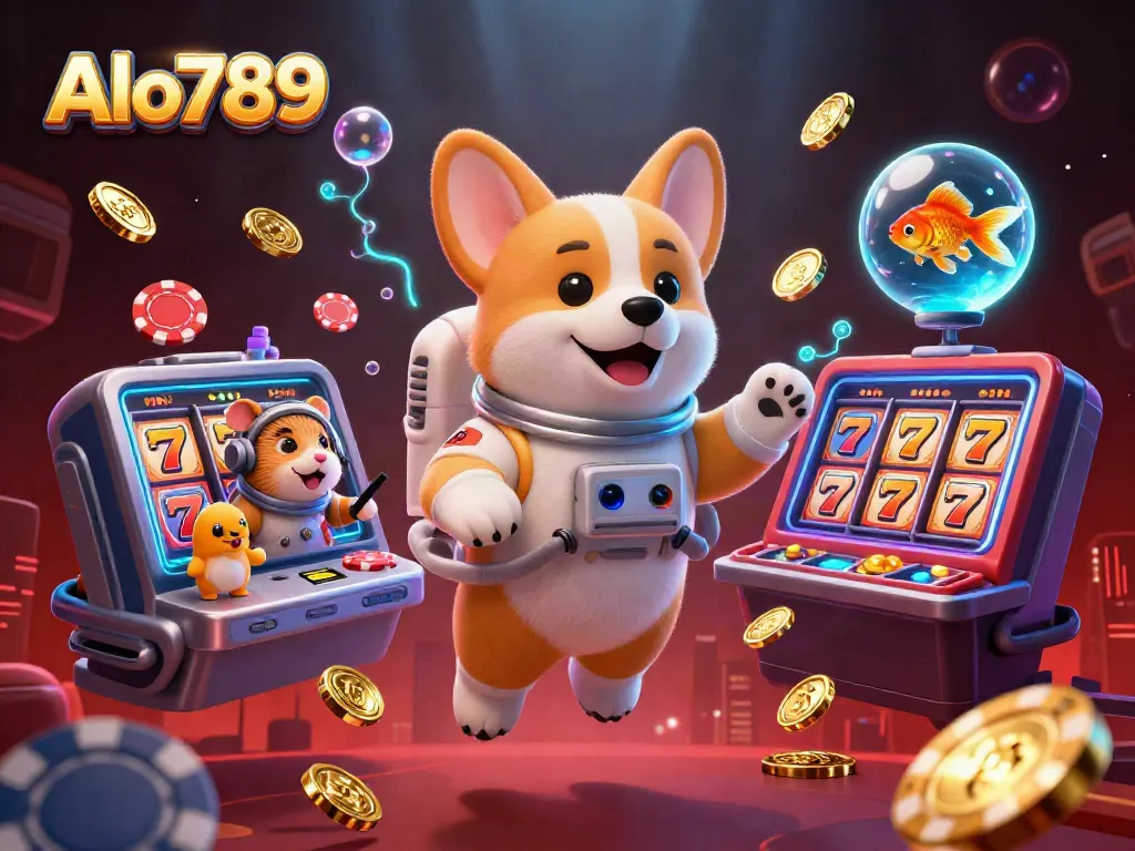 Experience Alo789's thrilling casino adventure with a drifting corgi and mesmerizing slot reels.