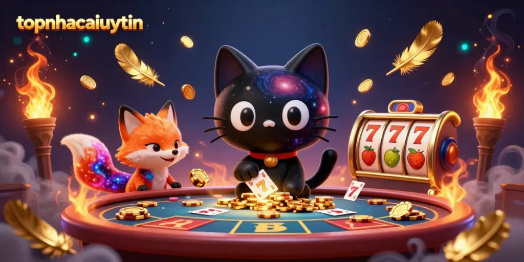 topnhacaiuytin showcases a cosmic casino scene with a black hole cat and nebula fox attracting golden chips.