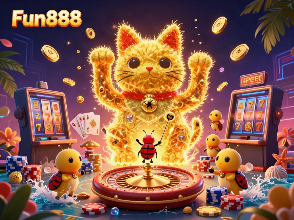 Catch thrilling actions at Fun888 with golden fireflies, lucky cat, and dynamic casino elements.