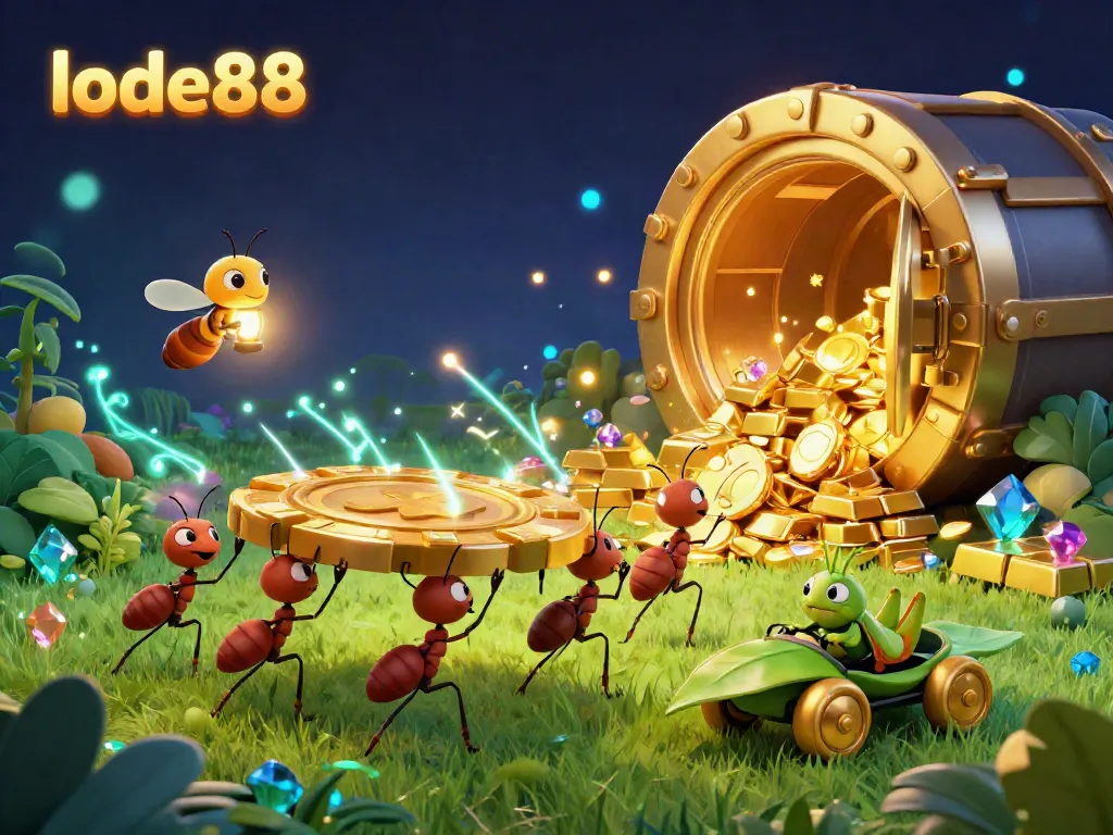 Exciting scene of lode88 characters executing a golden poker chip heist with dazzling loot and glowing effects.
