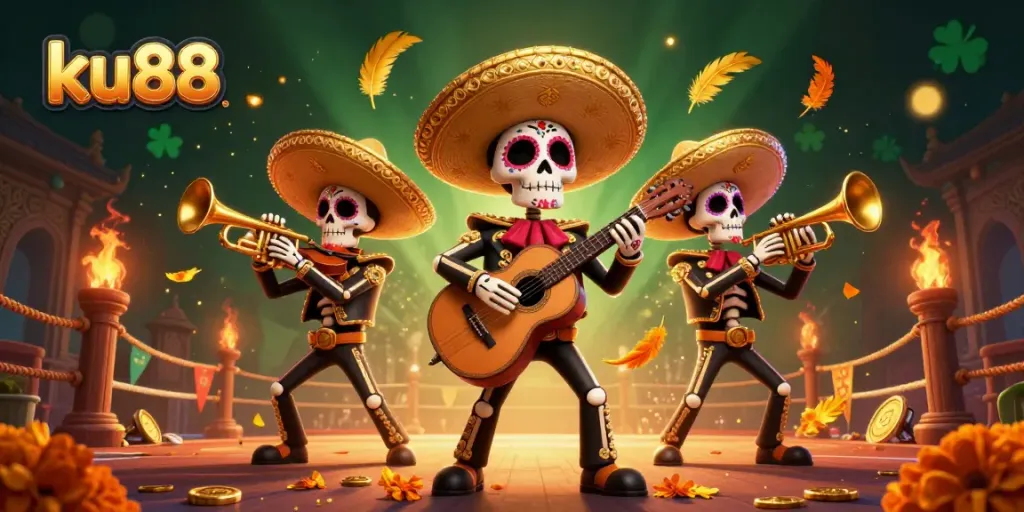 Experience thrilling gameplay at ku88 with a vibrant 3D Dia de los Muertos casino scene filled with action.