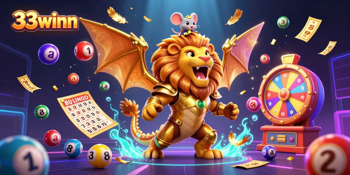 Engage in thrilling gameplay with 33winn, featuring a roaring chimera and vibrant gambling elements.