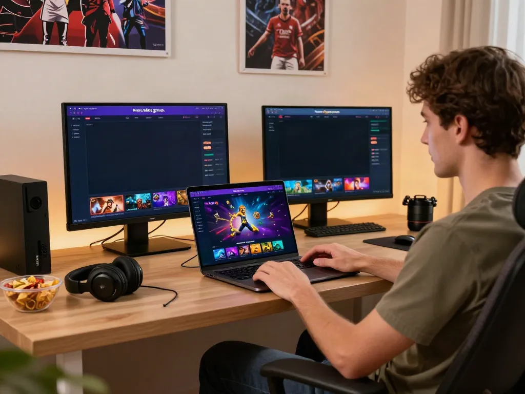 Engaging gaming setup featuring https://nbet.group/ on a laptop screen, showcasing an inviting and modern atmosphere.