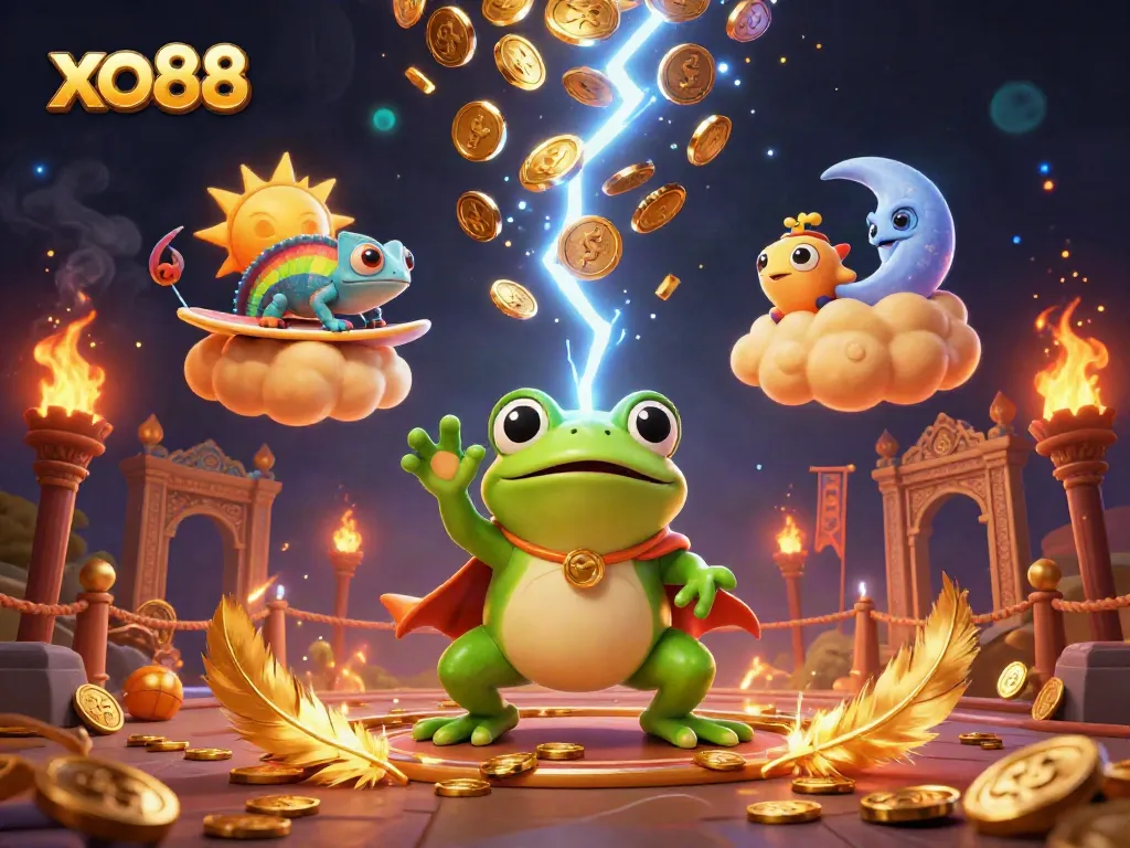 Experience the thrill of xo88 as a wizard frog conjures golden coins in a dynamic casino scene.