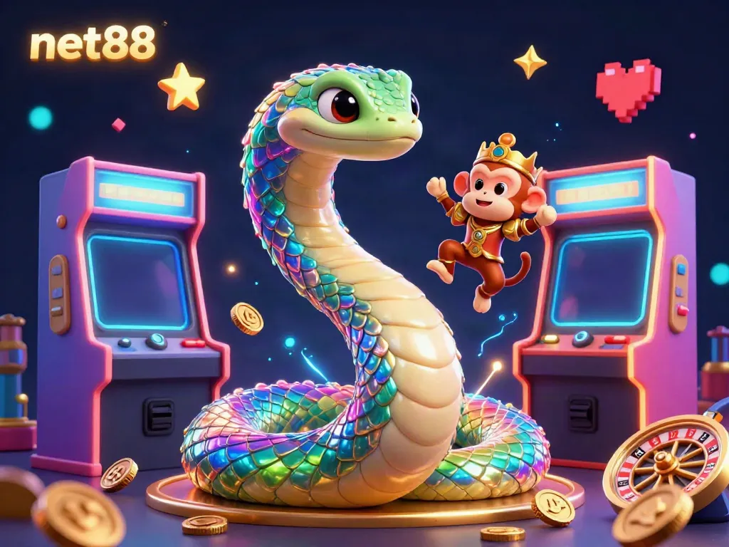 Experience the excitement of net88 with a vibrant 3D casino illustration featuring gaming elements and a playful monkey king.