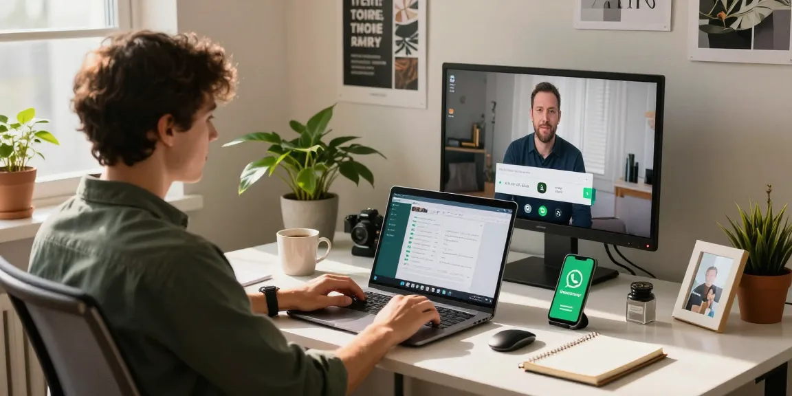 Using WhatsApp電腦版 on a laptop in a modern home office with a video call and organized workspace.