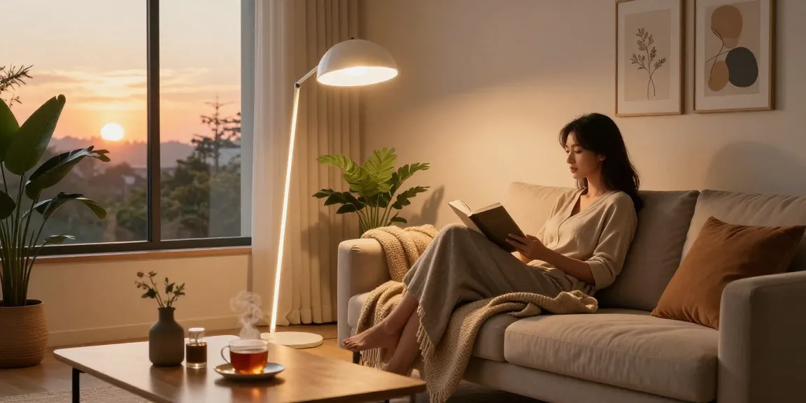 Stunning living room with lampara de pie led providing warm light for a cozy atmosphere.