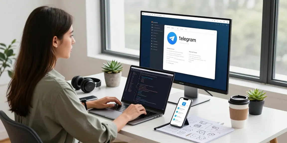 Using Telegram Web Version in a modern workspace with tech gadgets and bright lighting.