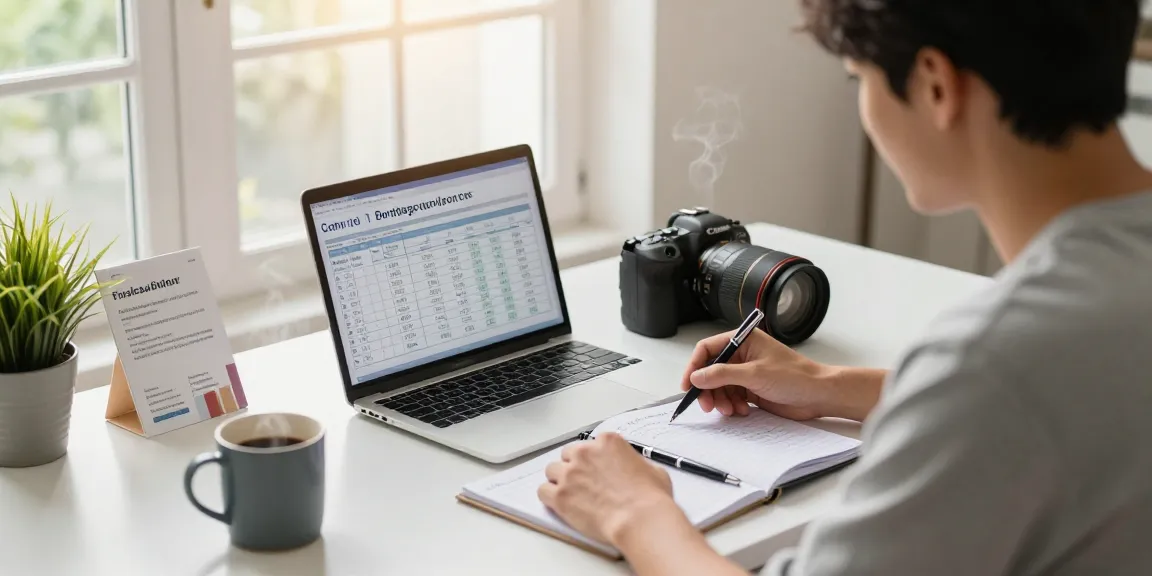 Couple calculating their mortgage with an online calculator in a modern home office, focusing on calcular hipoteca.