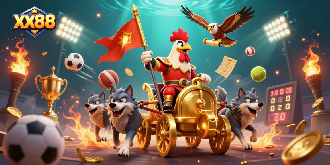 Bet on exciting games at xx88 with cartoon rooster warlord leading the action, gold coins scattering.