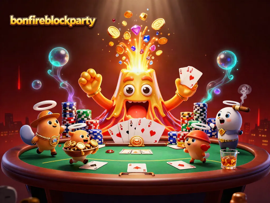 Experience the excitement of bonfireblockparty with thrilling treasures erupting from the golden volcano.