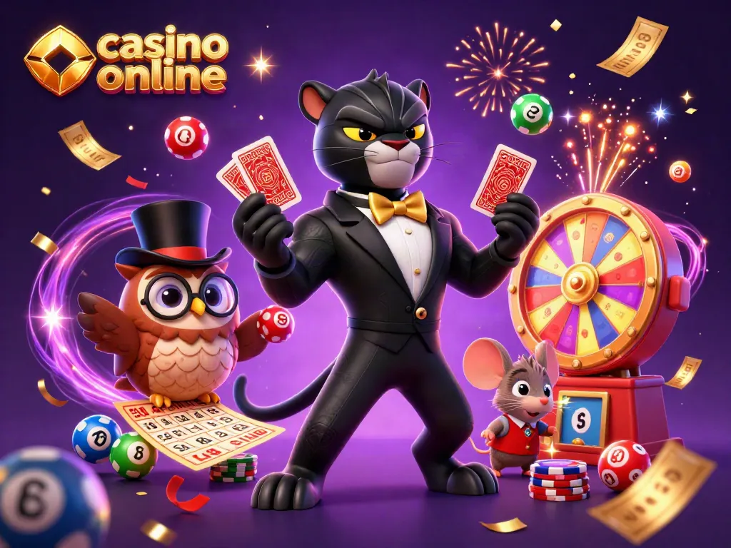 Distribuye cartas en un casino online con una elegante pantera mientras un búho y un ratón lo observan.