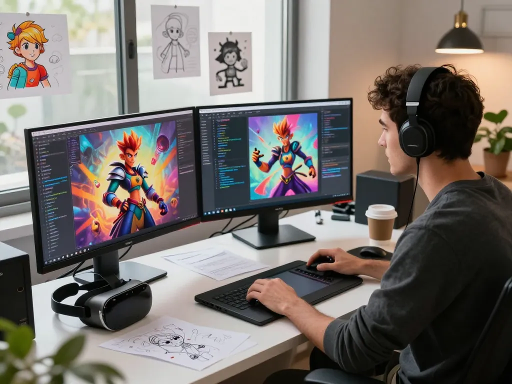 AI developer designing spicy AI characters in a vibrant digital workspace, showcasing creativity and technology.