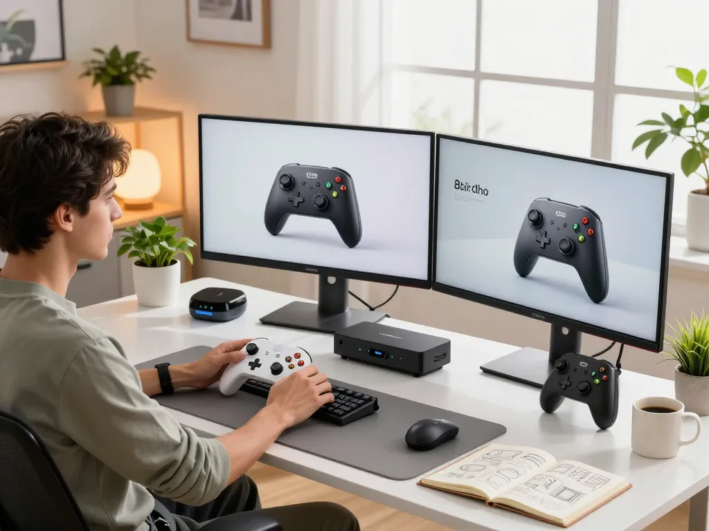 Modern home office showcasing must-have tech gadgets like Bluetooth controllers and a fitness smartwatch.