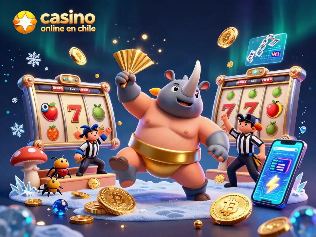 Casino online en Chile muestra un escarabajo rinoceronte luchador entre monedas doradas y símbolos de tragamonedas.