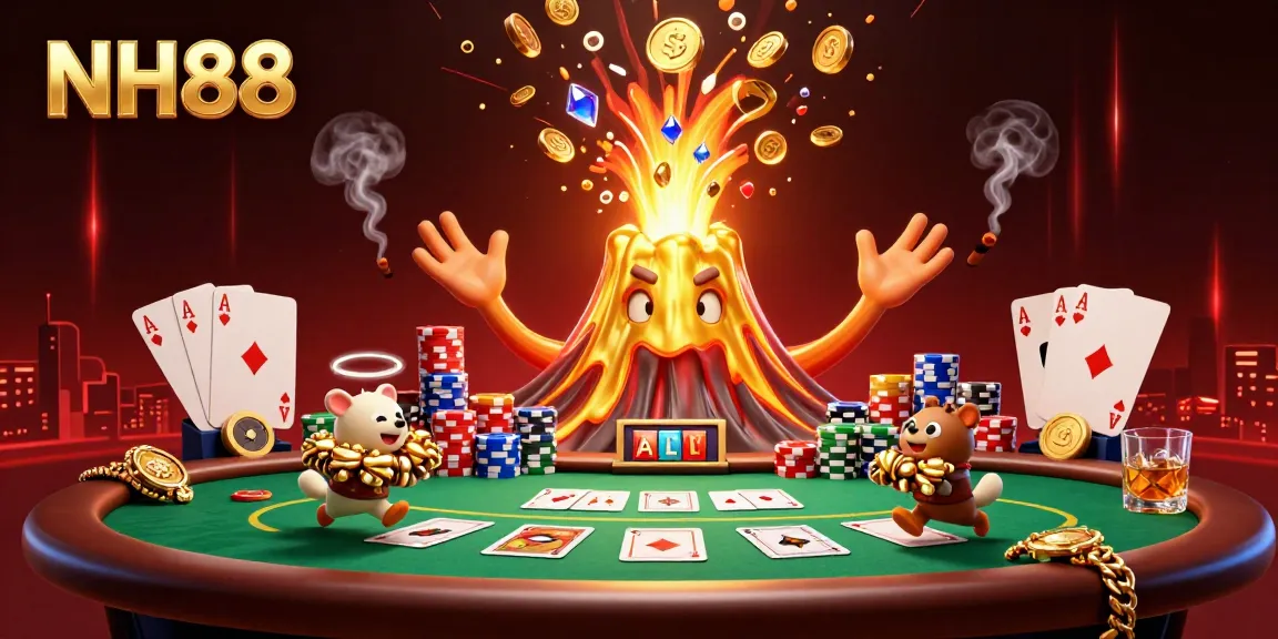 Experience thrilling wins at NH88 casino with a dynamic scene of a volcano erupting treasure amidst poker elements.