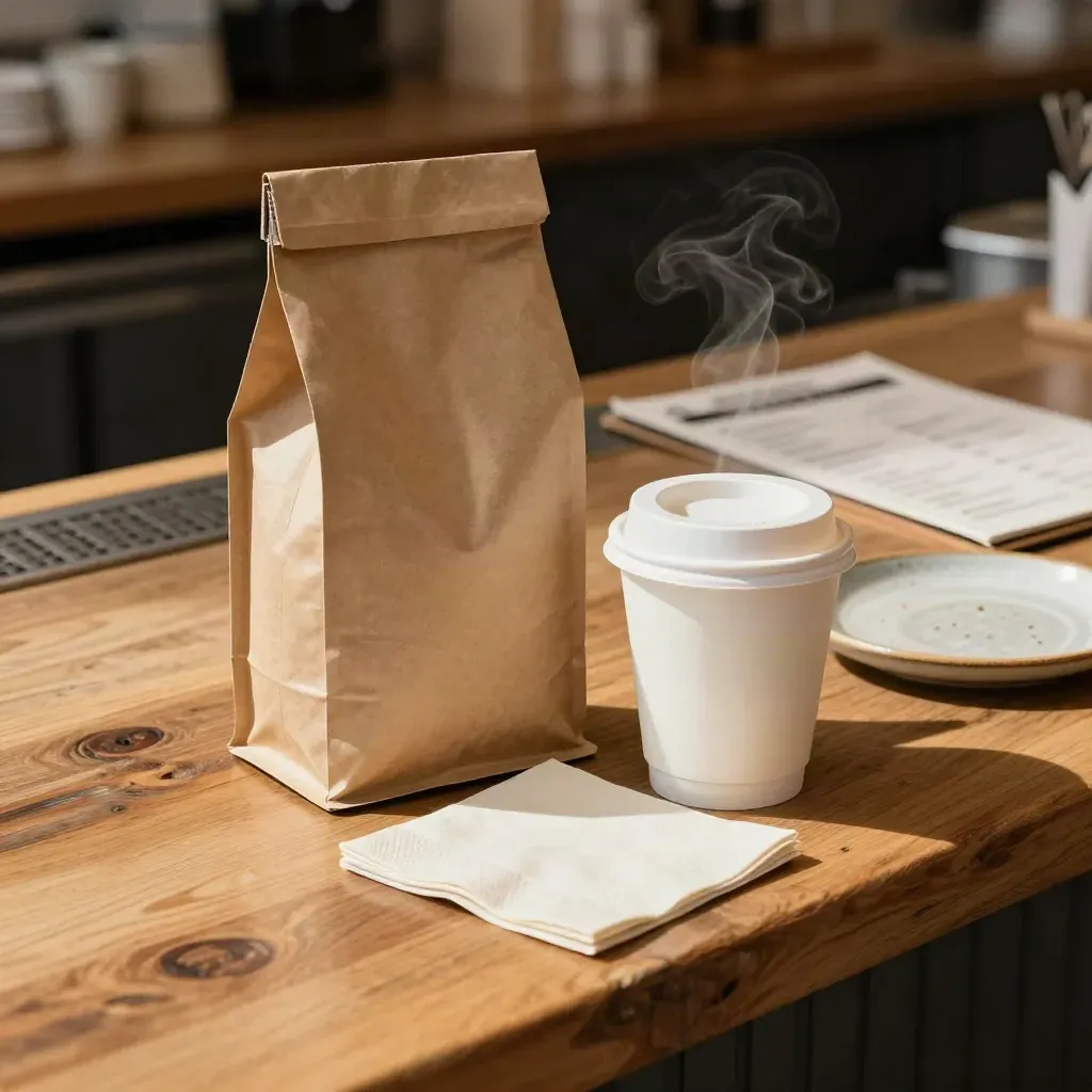 Set de identidad para cafetería artesanal con vaso, bolsa de café, servilletas y plato de cerámica.