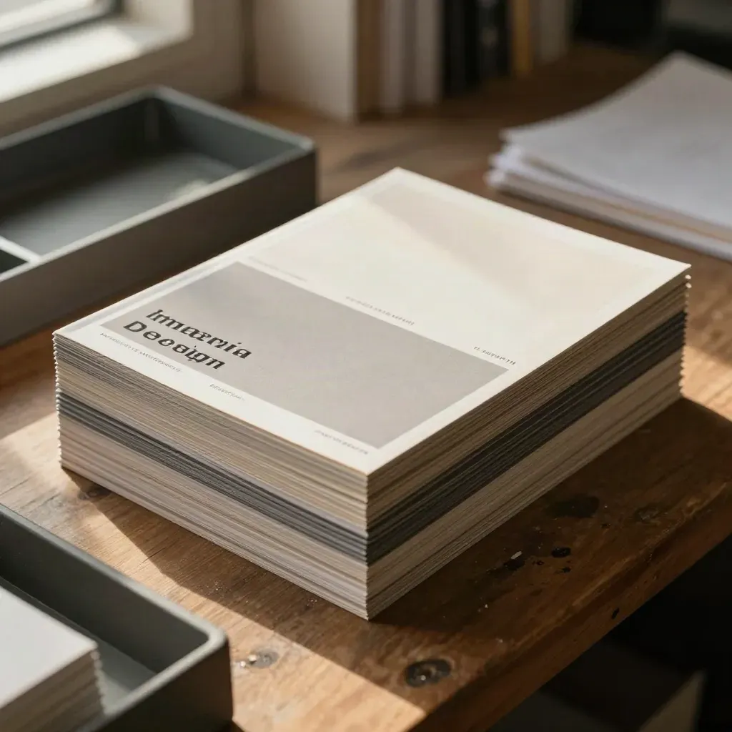 Carpeta cerrada de normas visuales apilada con separadores de color y muestras de papel.