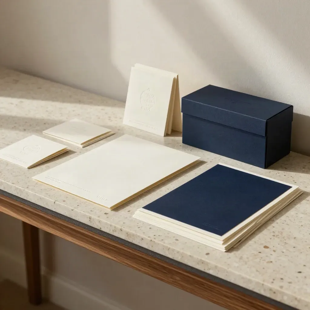 Kit de lanzamiento de marca sobre mesa de estudio con papelería, maquetas y caja postal.