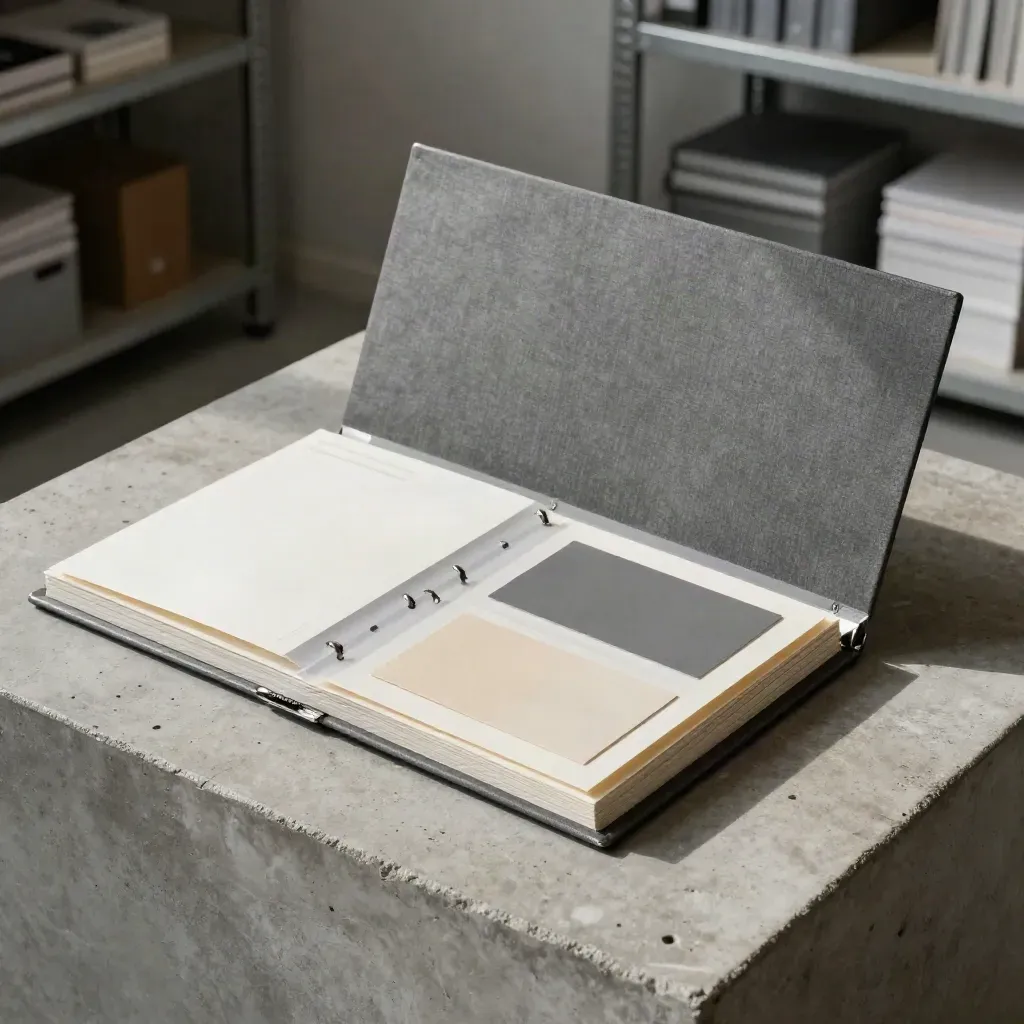 Carpeta rígida abierta con divisores de color y maquetas de app sobre plinto de hormigón oscuro.