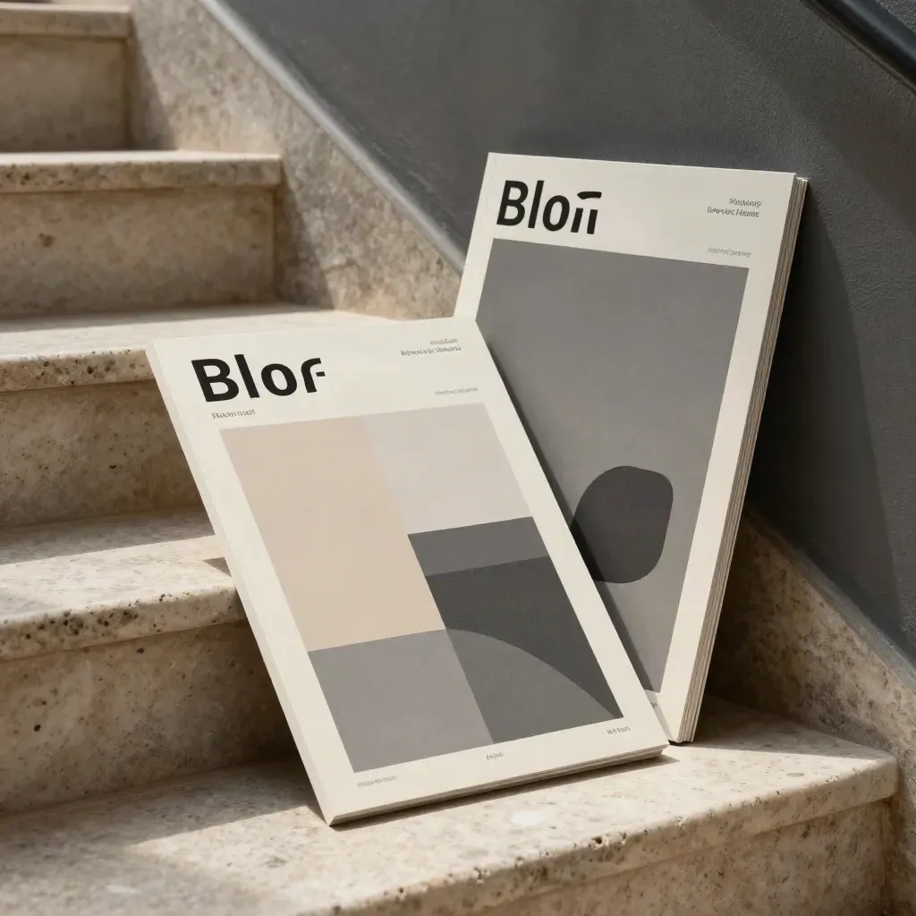 Tarjetas de cabecera para blog apoyadas en escalera de piedra, con composiciones abstractas en tonos neutros.