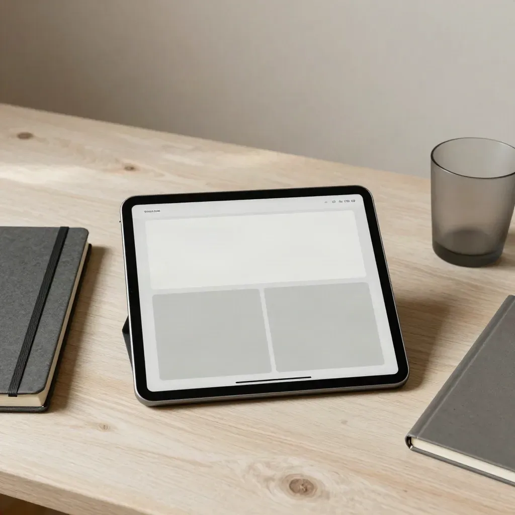 Tablet apagada con tarjetas, libreta y vaso sobre madera clara, composición editorial minimalista.