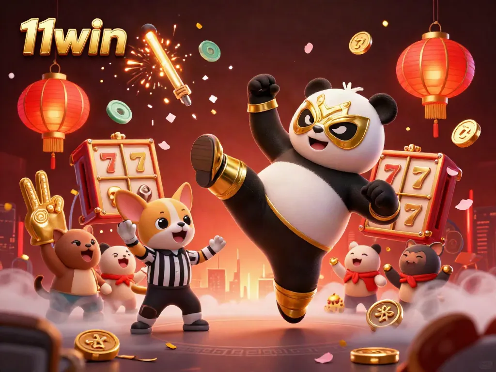 Experience vibrant gaming action with 11win featuring a panda wrestler, engaging in exciting slot games.