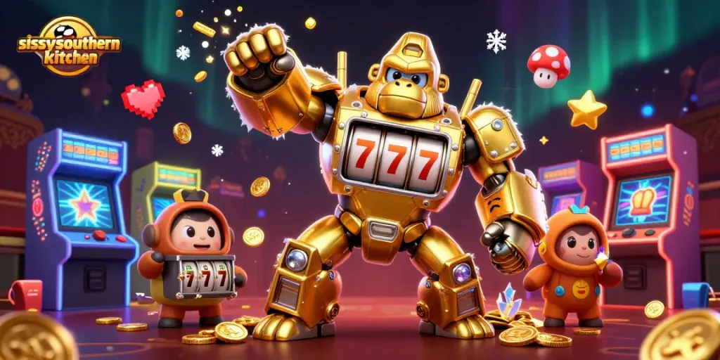 Engage with sissyssouthernkitchen's vibrant gaming action featuring a golden gorilla mech and dynamic casino elements.