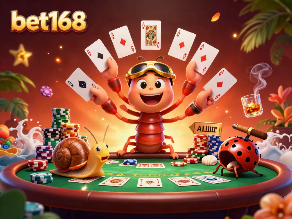 Experience betting excitement with bet168 featuring unique casino characters in a vibrant, detailed poker scene.