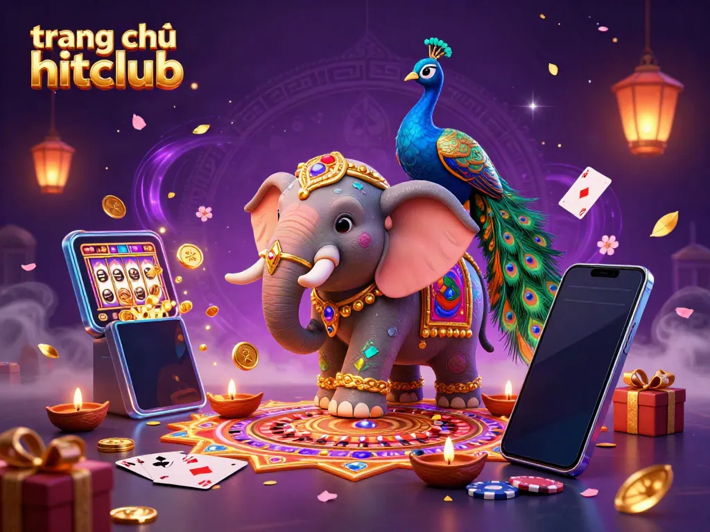Engage with exciting games on trang chủ hitclub, featuring a vibrant 3D scene of a Diwali-themed elephant and mesmerizing gambling elements.