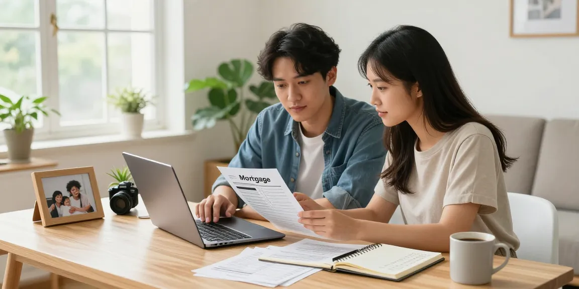 Couple exploring buscador hipotecas in a bright home office.