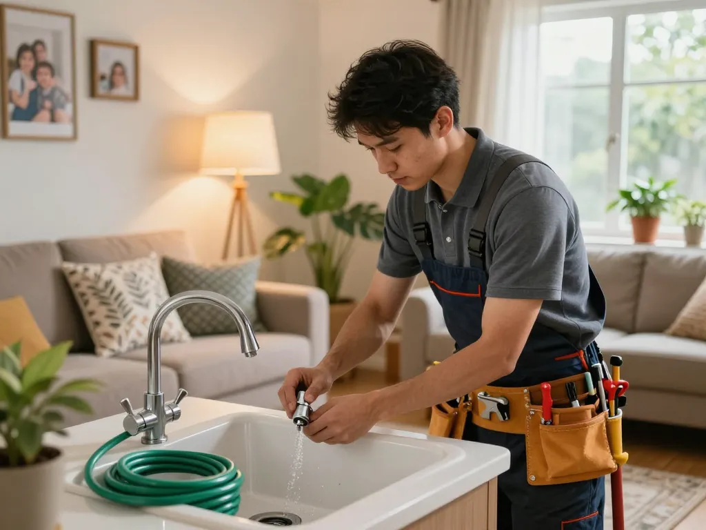 Un handyman proporcionando servicios para el hogar al arreglar un grifo con fugas en un acogedor salón.