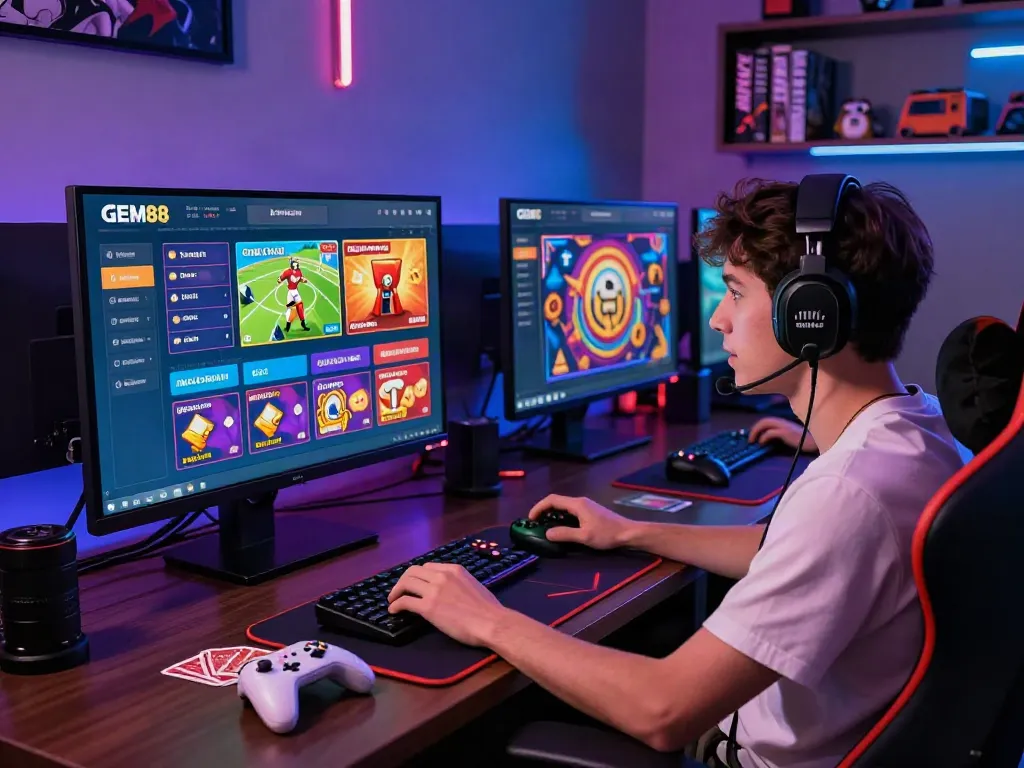 Engaging online gaming experience at https://gem88.bz/ with vibrant interface, player, and gaming setup.
