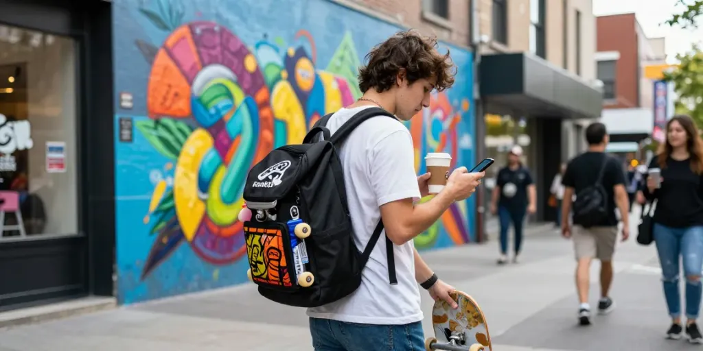 Young adult exploring vibrant city streets with trendy merchandise for rokok88.