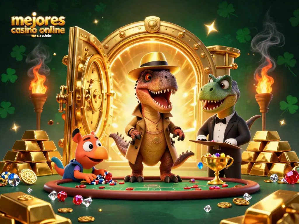 Experimenta la diversión en los mejores casinos online en Chile con un velociraptor en una mesa de blackjack.