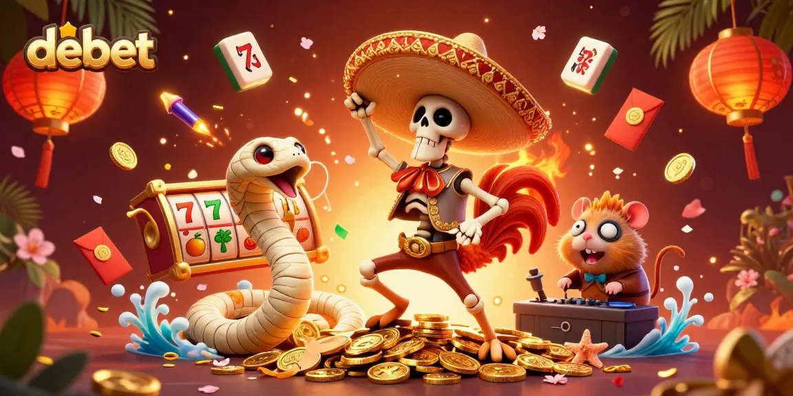 Experience debet-themed excitement with a dynamic illustration featuring a mariachi rooster, mummy snake, and DJ hamster.
