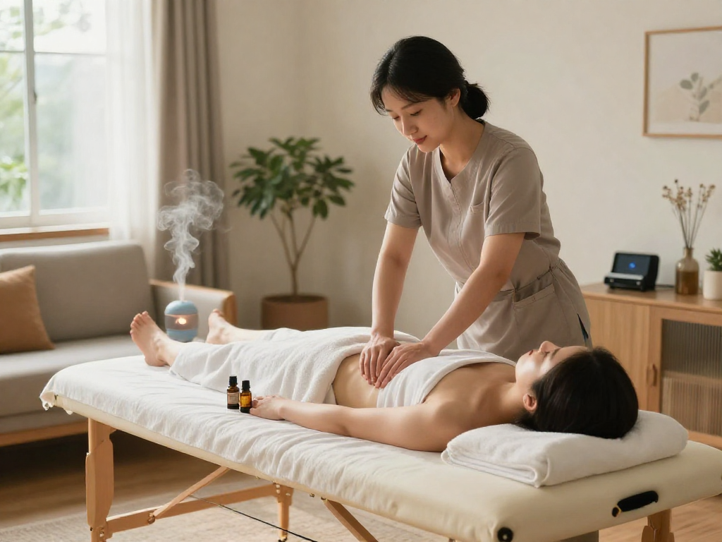 오산출장안마 therapist providing home massage therapy in a peaceful living room environment.