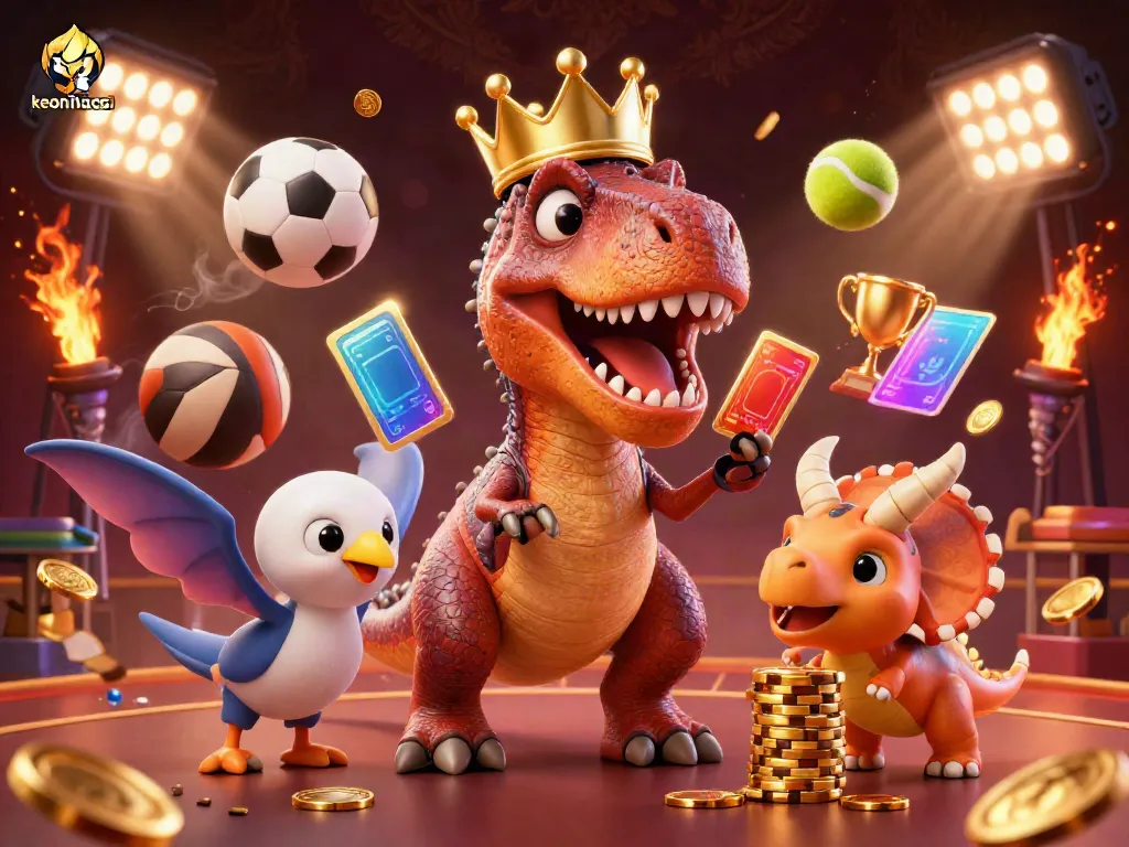 Engage with sports betting excitement on keonhacai featuring a dinosaur card shuffling scene filled with dynamic sports elements.