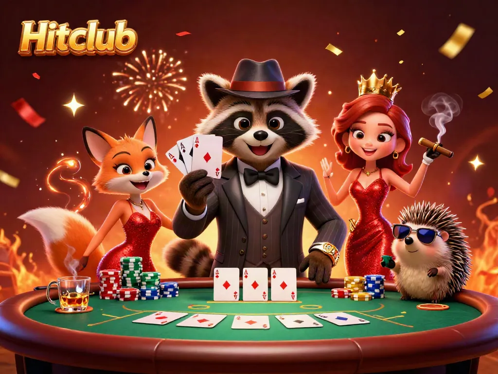 Experience a thrilling night with Hitclub as a raccoon celebrates a poker win with friends.