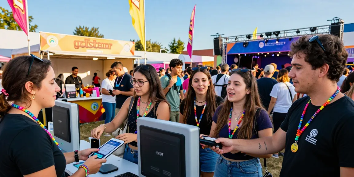 Attendees using pulseras NFC para eventos for seamless entry and payments at a vibrant festival.