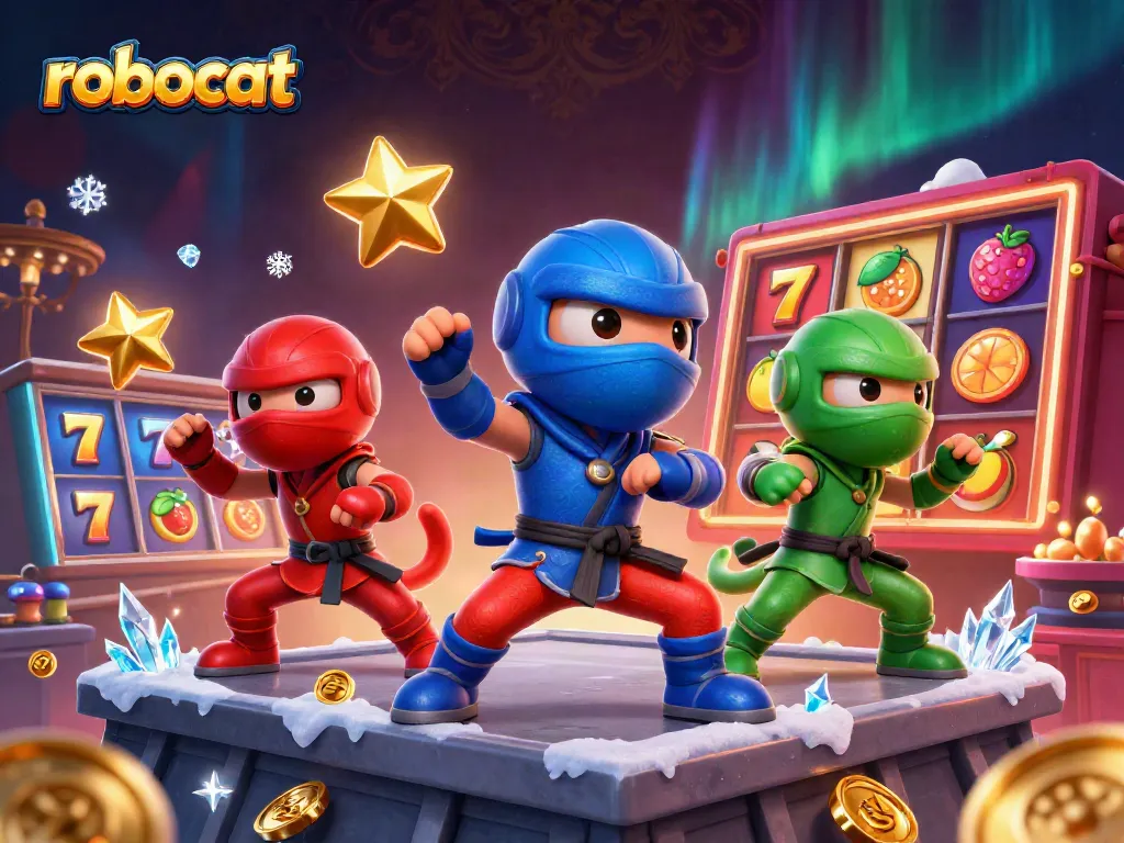 Robocat casino showcasing ninja chameleons surrounded by slot reels and vibrant gaming elements.