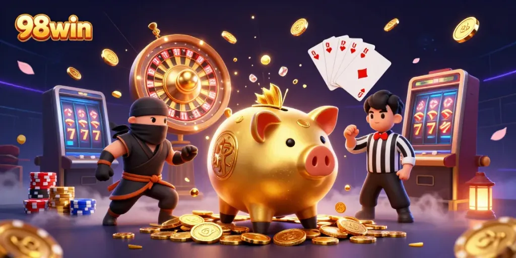 Experience exhilarating gameplay at 98win with dynamic characters in a lively casino setting.