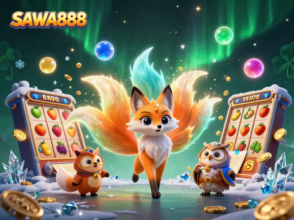 Engage in thrilling games at SAWA888 with vibrant 3D characters in a rich casino slot setting.