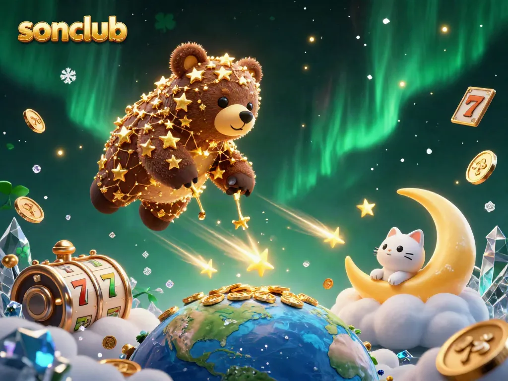 Engage with the exciting gaming world of sonclub, featuring golden constellation bear and vibrant casino elements.