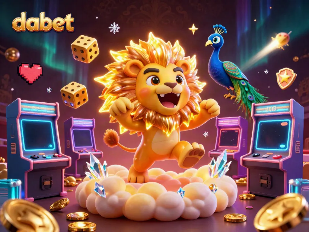 DABET showcases its vibrant online casino landscape featuring a majestic sun lion surrounded by colorful gaming elements.