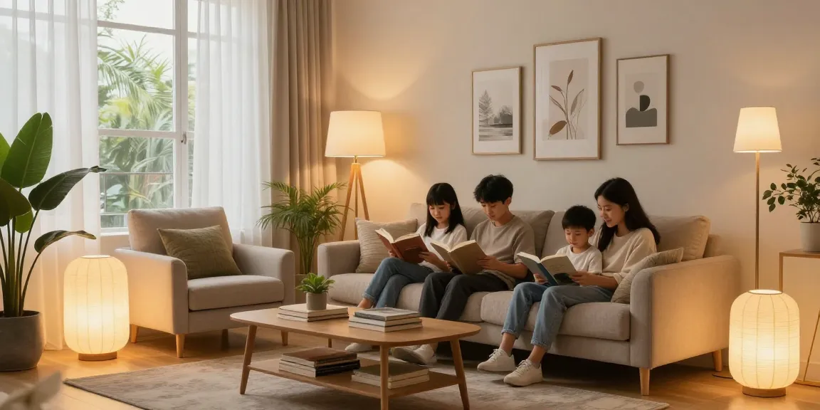 Sala de estar acogedora con una lampara de pie led iluminando momentos de lectura en familia.