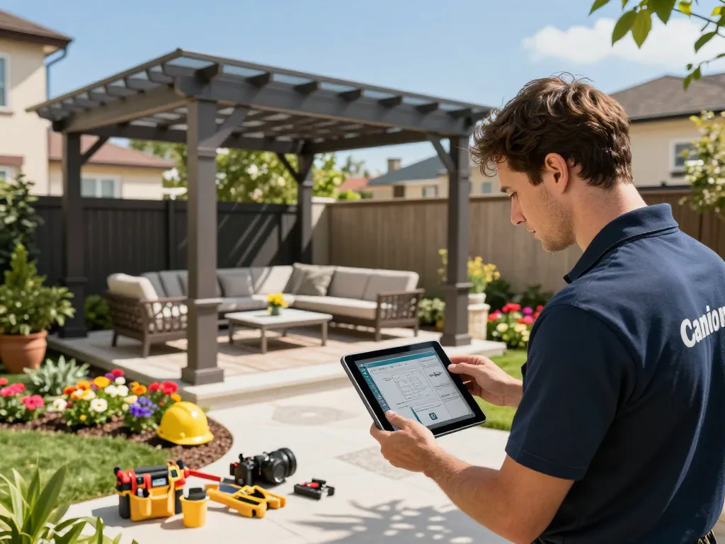 Instalador utilizando software para instaladores de pérgolas para diseñar una pérgola en 3D en un vibrante entorno de jardín.
